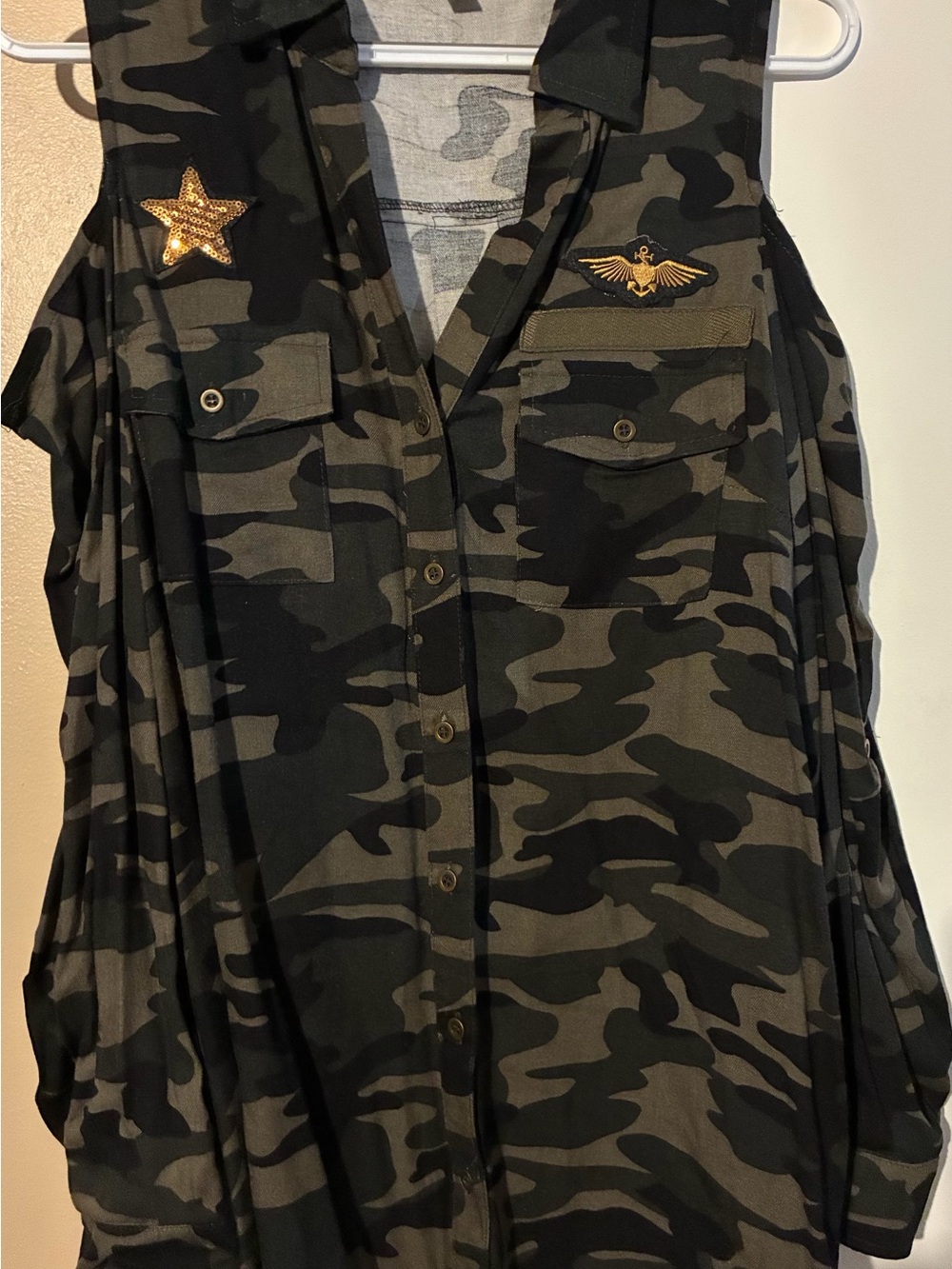 loralette Green and Black Camo Cold-Shoulder Button-Front Top